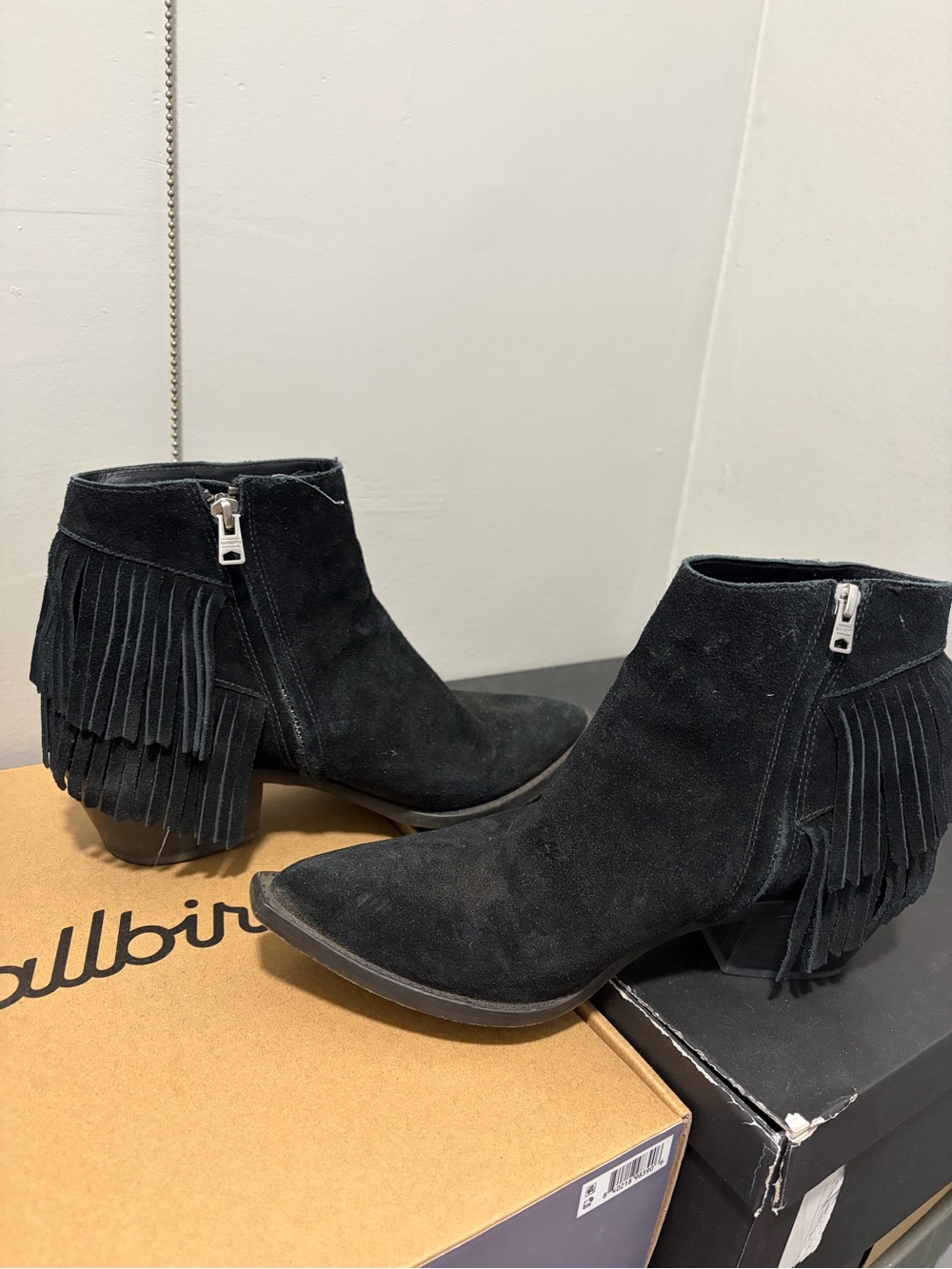All Saints Black Suede Fringe Ankle Booties